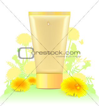 Tube for cosmetics template. Yellow dandelion flower