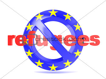 Forbidden sign with EU flag and refugees. Refugees crisis concep