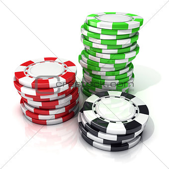 Stacks of red, green and black gambling chips