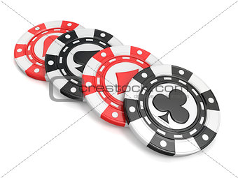 Casino chips with spade, heart diamond and club on it. 3D