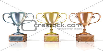 Three cup trophies, gold, silver and bronze. 3D
