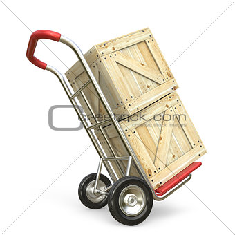 Hand truck with wooden box. Delivery concept. 3D