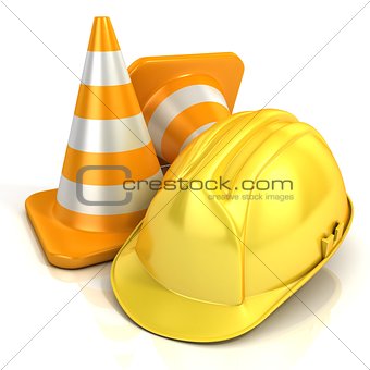 Traffic cones and safety helmet
