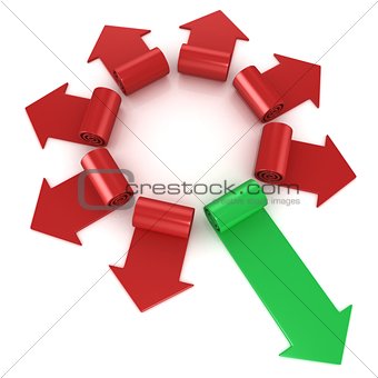 Red spiral arrows directed of the center, with one green arrows 