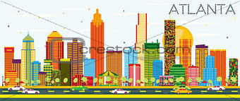 Atlanta Skyline with Color Buildings and Blue Sky.