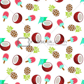 Coconut, pineapple and ice cream seamless vector pattern.