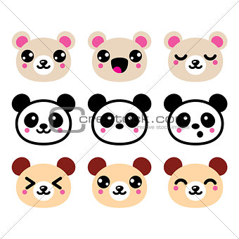 Cute Kawaii bear icons set, panda bear design