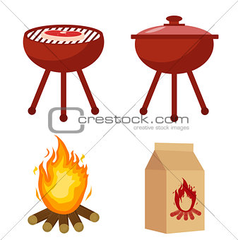 Set for barbecue and grill with charcoal, bonfire. Collection for BBQ. Isolated on white background. Vector illustration.
