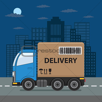 Delivery truck on city background.
