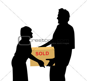 Happy buyers woman and man carrying something packed in a box