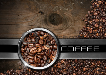 Wood and Metal Background with Coffee Beans 