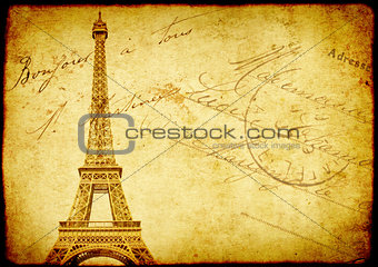 Vintage grunge background with old paper texture and Eiffel Towe