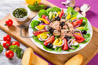 French salad with canned tuna and fresh vegetables and herbs