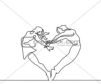 Two people couple make heart in jump