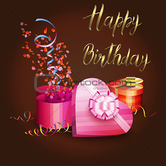 Illustration of a gift boxes, serpentine and inscription HAPPY BIRTHDAY