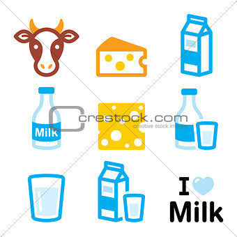 Dairy products icons - milk, cheese vector design set