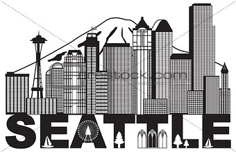 Seattle City Skyline and Text Black and White Illustration