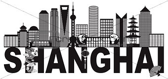 Shanghai China Skyline Text Black and White Illustration