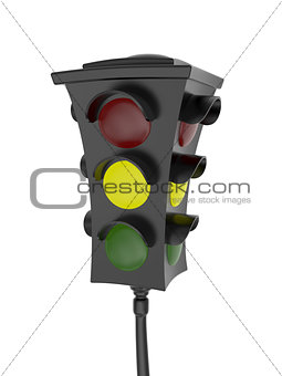 Traffic light with a glowing yellow light