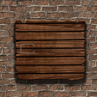 3D grunge wood sign on an old brick wall