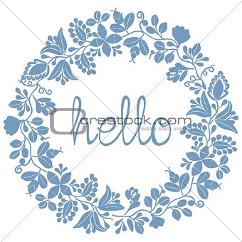 Hello pastel laurel wreath blue vector frame isolated on white background