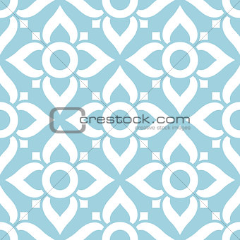 Thai seamless pattern with flowers - tiled design in white on blue background