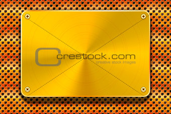 Glossy polished gold metal plate on copper grid, industrial background