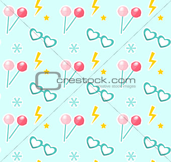 Candy on sticks, glasses in the shape of heart seamless pattern. Fashionable modern endless background, repeating texture. Vector illustration.
