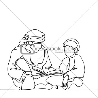Man and boy reading Koran