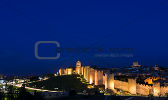 Panoramic view of the historic city of Avila at the blue hour, Castilla y Leon, Spain