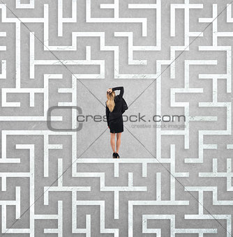 Confused businesswoman at the center of a maze