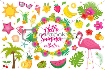 Hello summer collection of design elements,flat style. Tropical set with exotic flowers, flamingos, fruits. Beach concept kit objects, isolated on white background. Vector illustration, clip-art.