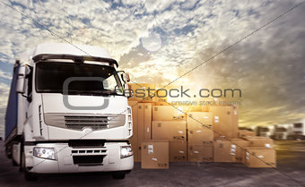 Truck in a deposit with packages ready to start