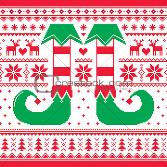 Christmas seamless pattern with elf and reindeer, red and green repetitive design