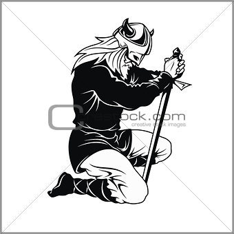 Vector Viking warrior with sword Cartoon Illustration. Barbarian bowed his knee.