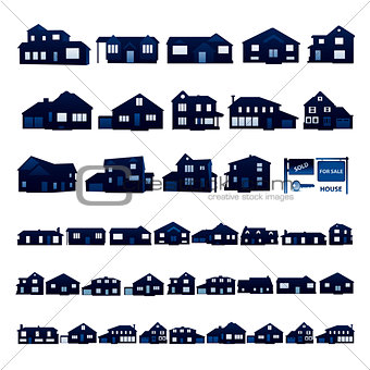 Blue residential house silhouette isolated on white