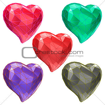 Set of hearts with faceted low-poly geometry effect