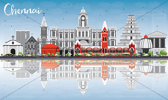 Chennai Skyline with Gray Landmarks, Blue Sky and Reflections. 