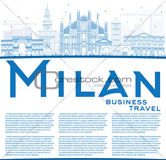Outline Milan Skyline with Blue Landmarks and Copy Space. 