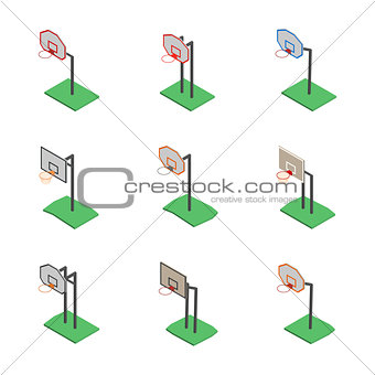 Basketball shield with basket in isometric, vector illustration.
