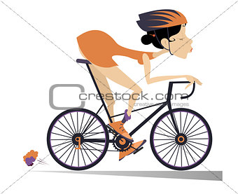 Pretty young woman rides a bike isolated