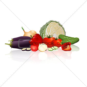 different vegetables: cabbage, peppers, onions, tomatoes