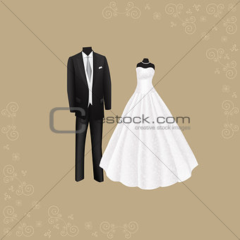 wedding dress and black men's suit