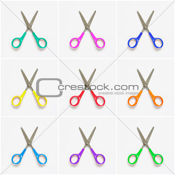 Collage of colorful scissors on white background