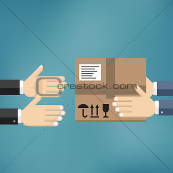 Hands giving cardboard package to another hands.