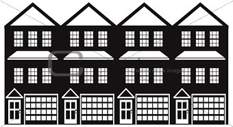 Townhouse with Tandem Garage Black and White Illustration