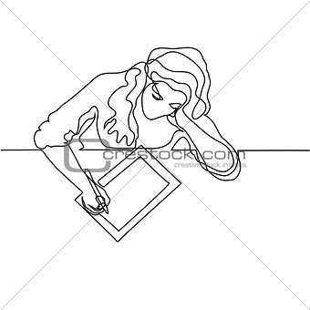 Woman sitting and drawing with tablet.