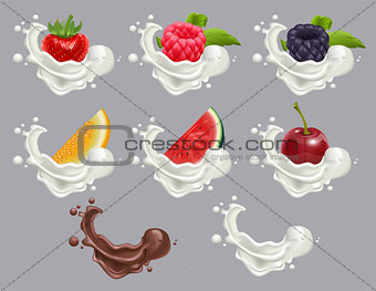 Set dessert of ripe berry fruit and cream. Strawberry, raspberry, cherry, watermelon, melon milk and chocolate