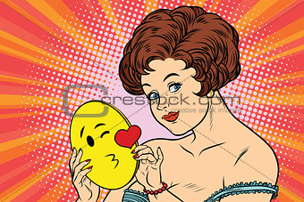 Beautiful woman with mask Emoji kiss of love