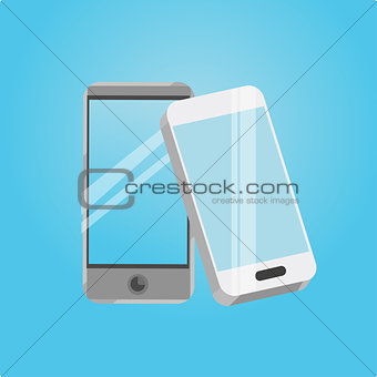 Two smart phone icons on a blue background